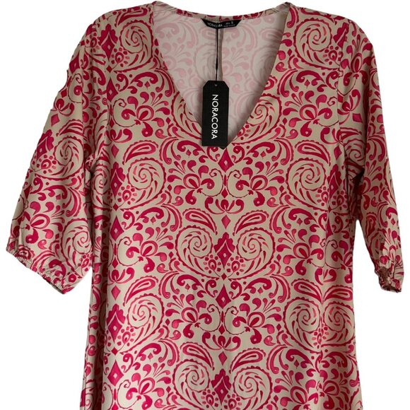 New Women's V-Neck A-Line Maxi Dress Pink & Beige Pattern Small Short Sleeve - Picture 2 of 8